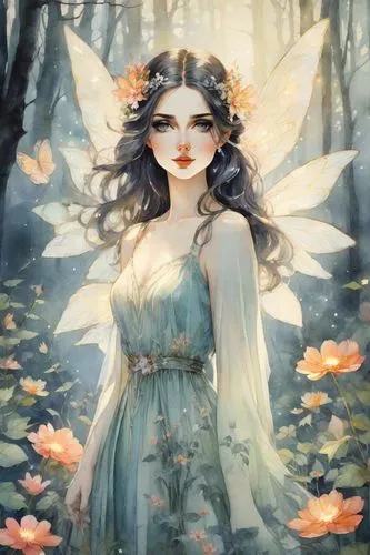 faerie,faery,flower fairy,fairy,garden fairy,fairy queen,rosa 'the fairy,vanessa (butterfly),rosa ' the fairy,child fairy,little girl fairy,fae,butterfly background,julia butterfly,fairies,vintage angel,angel,fairy tale character,cupido (butterfly),fantasy portrait,Digital Art,Watercolor