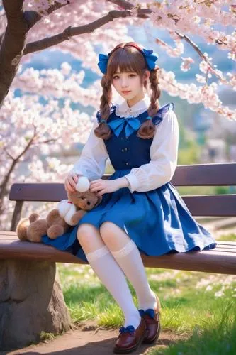 Izzi, Lolita fashion, twin tails, cute facial expression, sparkly eyes, rosy cheeks, pale skin, white blouse, blue skirt, lace socks, brown loafers, holding a stuffed animal, sitting on a wooden bench