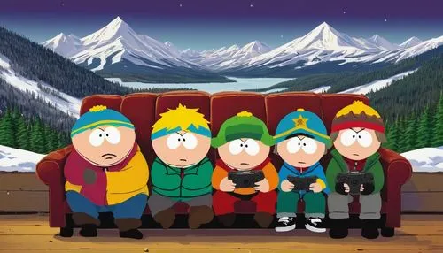 Cartman, Kyle, Stan, Kenny, Butters, South Park style, cartoonish, comedic, humorous, satirical, bold lines, vibrant colors, exaggerated facial expressions, detailed eyes, messy hair, casual clothing,