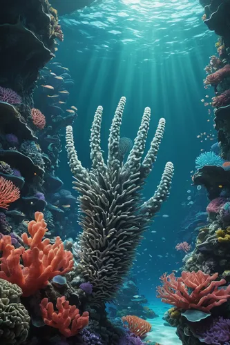 In a dystopian future, a scientist creates artificial coral fingers that possess the power to heal and restore the ocean.,underwater landscape,underwater background,coral reef,ocean underwater,sea lif