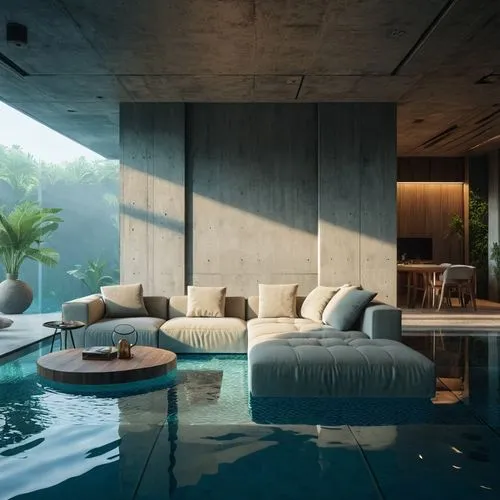 water sofa,pool house,amanresorts,exposed concrete,interior modern design,modern living room,dunes house,concrete ceiling,minotti,infinity swimming pool,swimming pool,living room,modern decor,concrete,chaise lounge,beautiful home,contemporary decor,dreamhouse,modern house,renders,Photography,General,Realistic