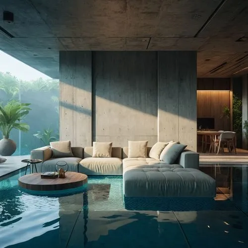 Brutalist Interior Design, underwater,water sofa,pool house,amanresorts,exposed concrete,interior modern design,modern living room,dunes house,concrete ceiling,minotti,infinity swimming pool,swimming 