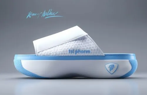 Sock upper slipper, nylon side trim with "1stphorm", white sole, shield emblem with "P", all white with light blue  accent color scheme ,1stphorm comfort slide 2 ,unc,tissues,paper boat,mula,white bow