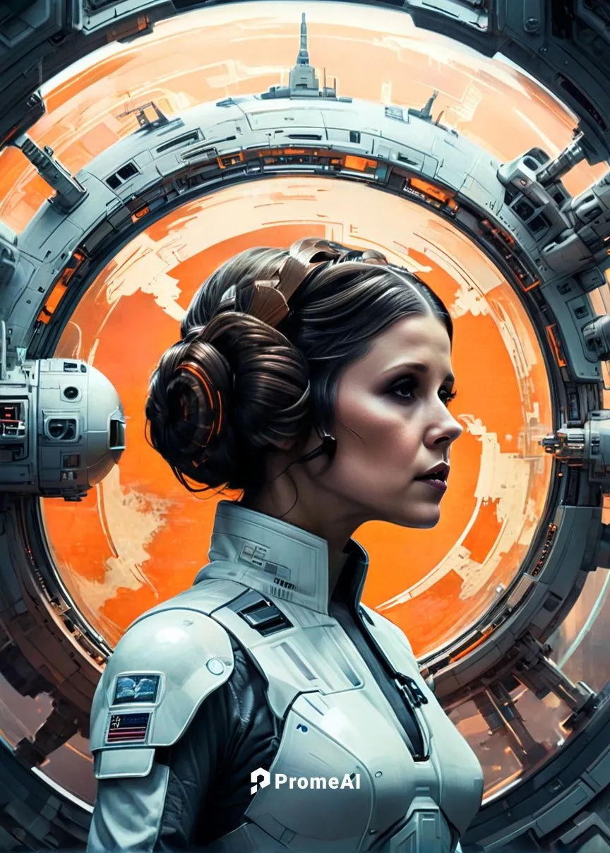 Create a double exposure art piece that features Princess Leia's silhouette. Her outline is filled with a pastel-colored An aggressive futuristic seasoned spacestation with incredible lines, an intric