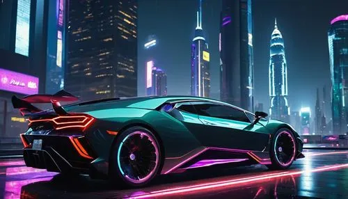 Cyberpunk, futuristic, high-tech, luxurious, leather seats, metallic accents, neon lights, holographic dashboard, sleek steering wheel, advanced computer system, virtual display, driver's seat, passen