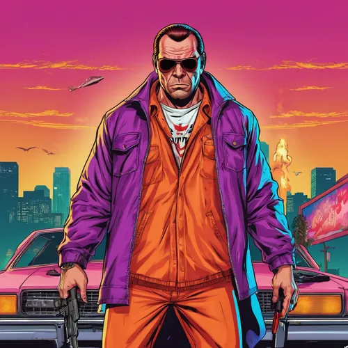 gangstar,man in pink,cyberpunk,80s,terminator,action-adventure game,game illustration,game art,jacket,falcon,action hero,kingpin,the pink panther,driver,pink vector,80's design,bomber,would a background,pink-purple,vector illustration,Illustration,Vector,Vector 19
