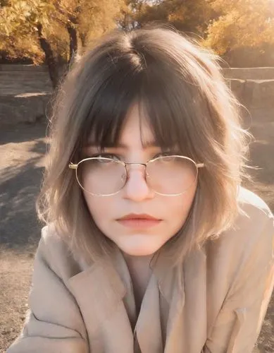 a person with glasses in a park setting,with glasses,photochromic,bangs,glasses,sumiala,khnopff,sad girl,supai,fuki,sad woman,moranis,marfa,rbf,kieslowski,uffie,windblown,ayami,crj,yoshimi,vlog,Photog