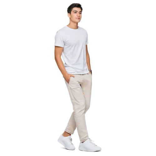 Male, young adult, solo, (20yo), handsome face, short black hair, bright brown eyes, slight smile, white shirt, casual denim pants, athletic shoes, standing, relaxed posture, low-angle shot, soft natu