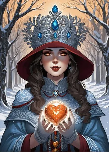 fortuneteller,sorceress,queen of hearts,the snow queen,chiaradia,fantasy portrait,witch's hat icon,heart with crown,fortune teller,red heart medallion in hand,elona,magickal,magicienne,sorceror,conjurer,elenore,sorceresses,arcanjo,cora,valentierra,Illustration,American Style,American Style 13