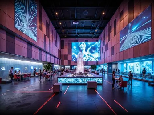 Futuristic dining hall, metallic facade, neon lights, holographic displays, angular lines, minimalist design, sleek glass surfaces, LED light installations, dynamic patterns, iridescent colors, reflec