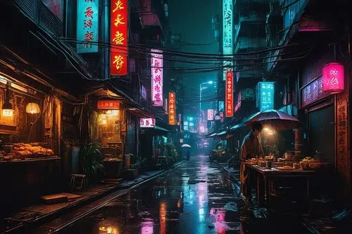 Cyberpunk, Kowloon Walled City, neon-lit, dark alleys, towering skyscrapers, holographic advertisements, rainy night, misty atmosphere, dimly lit streets, crowded marketplaces, street food stalls, old