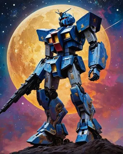 A mixed media Side profile painting of giant mech gundam, pop surrealism by Peter Blume, mixed media, dribbling paint effect background,  pop surrealism, mixed media, moon light, illustrator Guillem H