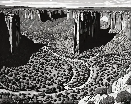 valley of death,arid landscape,grand canyon,the valley of death,bryce canyon,basalt columns,baffin island,canyon,valley of the moon,aeolian landform,landform,newspaper rock art,monument valley,topography,escher,horsheshoe bend,the valley of the,guards of the canyon,karst landscape,anasazi,Illustration,Black and White,Black and White 19