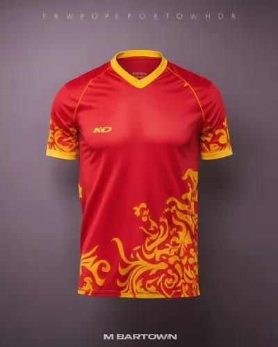 t shirt jersey red and yellow color,a red and yellow soccer jersey sitting on top of a gray wall,giallorossi,sepakbola,dralion,rajyotsava,girabola,selangor,Photography,General,Realistic