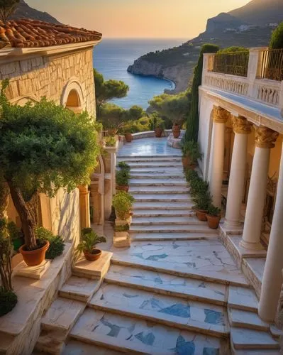 Majestic terraced architecture, ancient Greece-inspired columns, intricately carved stone walls, ornate marble floors, grand staircase, luxurious villa, Mediterranean seaside, blue domed rooftops, lus