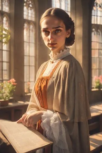 girl in a historic way,jane austen,librarian,digital compositing,tudor,joan of arc,clavichord,scholar,rowan,renaissance,downton abbey,marguerite,abbey,elizabeth nesbit,gothic portrait,girl studying,jessamine,the victorian era,candlemaker,mystical portrait of a girl,Photography,Analog