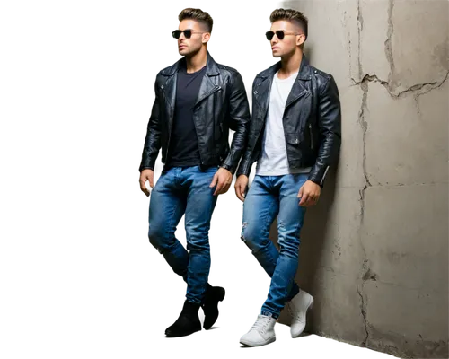 Cool male, stylish hair, shades, strong facial features, muscular build, black leather jacket, white shirt, ripped jeans, boots, confident posture, leaning against wall, urban background, low-angle sh