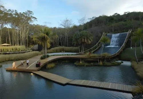 Landscape structure ,people standing on a wooden walkway over a small river,gondwanaland,crocodile park,adventure bridge,waterslides,jamberoo,loro park,Photography,General,Realistic