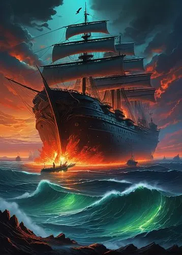 sea fantasy,fireships,fireship,ghost ship,sailing ship,sea sailing ship,Illustration,Realistic Fantasy,Realistic Fantasy 05