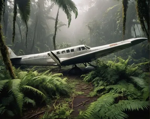 Jurassic Park, Isla Sorna island, dense jungle, foggy atmosphere, wreckage of a small plane, crashed trees, debris scattered everywhere, abandoned luggage, oxygen masks, damaged propellers, mangled me