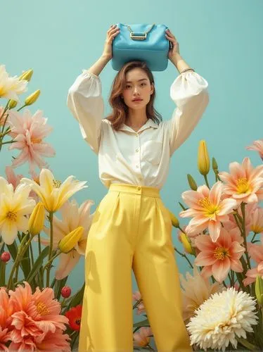 High-end fashion editorial, full-body shot of a woman holding up a blue bag in the air, standing on flowers, wearing pastel yellow wide-legged trousers and a white shirt, surrounded by large, colorful