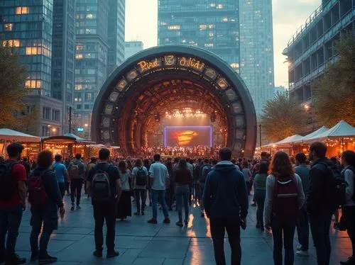 urban concert house, modern architecture, glass facade, steel structure, city square, evening scene, warm lighting, crowd of people, diverse ages, casual clothing, jeans and t-shirts, backpacks and gu