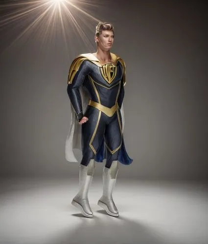 a superhero wearing a diamond suit with a golden cape,celebration cape,matador,costume design,knight armor,male elf,digital compositing,apollo,sports uniform,male ballet dancer,male model,rainmaker,em