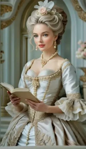 華麗宮廷風造型,a lady dressed in white reading a book,noblewoman,victorian lady,blonde woman reading a newspaper,liselotte,duchesse,principessa,Photography,Fashion Photography,Fashion Photography 03