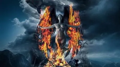 an angel with fire wings standing on rocks,firewind,prometheus,firefall,fire angel,infernales,infernal