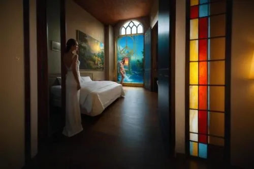 stained glass windows,boutique hotel,hotel hall,leaded glass window,casa fuster hotel,mondrian,sleeping room,guest room,hotel w barcelona,interior decor,room divider,wade rooms,hallway space,modern ro