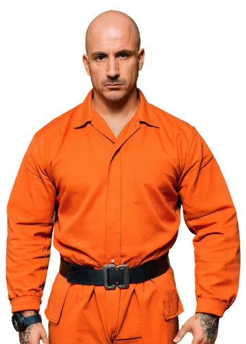 Bald man, prisoner, solo, (40yo), muscular build, tattoos on arms, rough facial features, cold gaze, orange prison uniform, metal handcuffs, iron bars behind, strong shadows, low-key lighting, gritty 