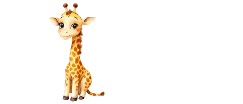 Giraffe, cartoon style, pencil drawing, simple lines, cute expression, big eyes, long eyelashes, yellow fur with brown spots, smiling face, neck stretched upwards, legs folded, sitting pose, white bac