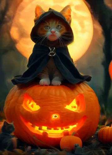 Theme: Cute Halloween
Description: An adorable kitten with big, bright eyes is sitting on top of a bright orange pumpkin. The scene is Halloween night, with twinkling stars and a full moon in the back