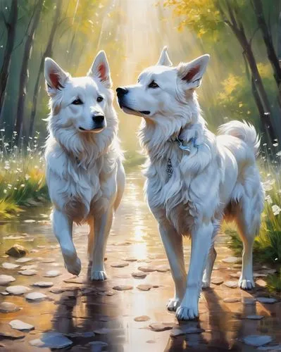 a colorful oil painting of two dogs, in the style of marcin sobas, 32k uhd, animals and people, oil painter, intense light and shadow, ferrania p30,two white dogs standing on a rainy path with trees a