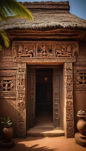 Yoruba architecture, ancient temple, mud-brick walls, intricate carvings, wooden doorways, ornate roof tiles, vibrant colorful patterns, ritualistic masks, sacred artifacts, dimly lit interior, myster