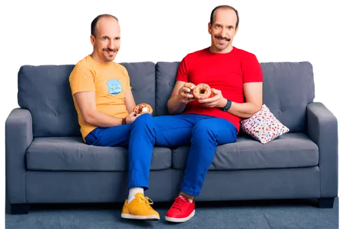 Homer Simpson, yellow skin, blue shirt, red pants, white shoes, balding hair, bushy eyebrows, mustache, smiling face, holding donut, sitting on couch, relaxed posture, soft lighting, warm color tone, 