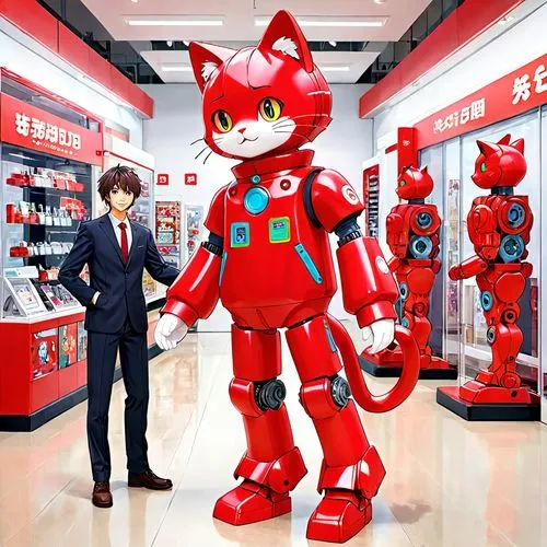 anthropomorphic cat red mannequin, robot made of red plastic, plastic exterior, plastic head, plastic face, plastic body, plastic mechanisms, plastic gears, friendly, smiling happily, approvachable, g