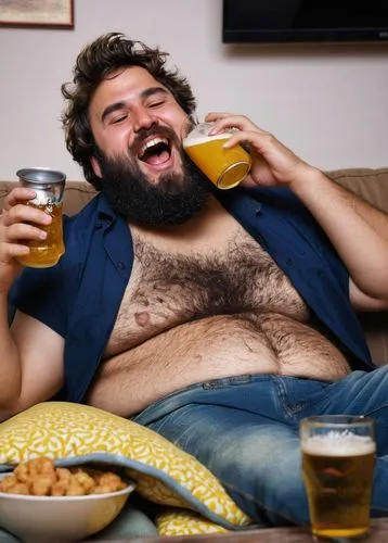 Big belly, fat man, relaxed pose, sitting on couch, ripped jeans, yellow stained wife beater, sweat droplets on forehead, messy brown hair, thick beard, laughing face, joyful atmosphere, warm lighting