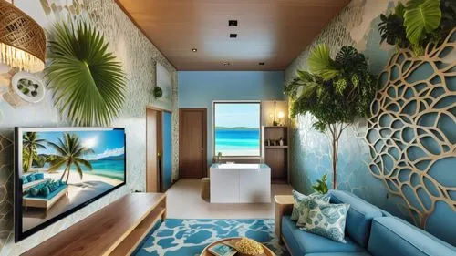 This photo shows the living room of a hotel suite in Puli, Taiwan.
The design incorporates elements of summer, the seaside and Bali, with a modern twist of blues and greens.
The suites feature stylish