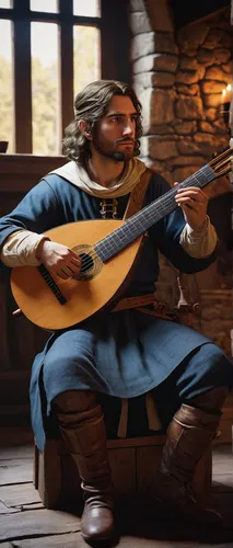 medieval musician, playing lute, Mordhau game character, historical costume, sitting position, focused expression, intricate lute design, wooden texture, metal strings, soft lighting, tavern interior,