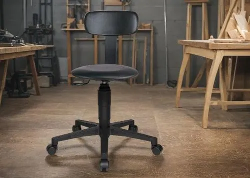 a wooden chair with black seat sitting on top of a wooden floor,office chair,new concept arms chair,barbers chair,chair png,tailor seat,vitra