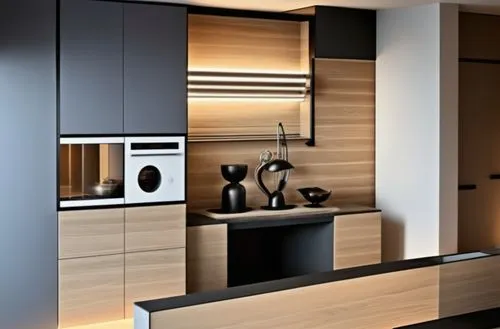 un moderno contrasto di colori tar ardesia e nero con finiturew ner a contrasto con il calore del legno regalano agli ambienti un tocco di calore sofisticato ,kitchen in dark and light tones with a di