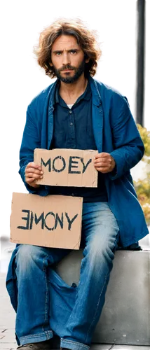 homeless person, dirty worn-out clothes, messy hair, unshaven face, tired eyes, sitting on street bench, holding cardboard sign, begging for money, morning sunlight, shallow depth of field, gritty tex