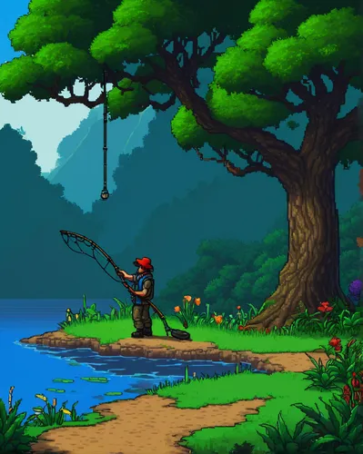 monkey island,pixel art,devilwood,game illustration,druid grove,cartoon video game background,frame mockup,wooden mockup,an island far away landscape,forest background,game art,3d mockup,mockup,flourishing tree,dusk background,red tree,cartoon forest,hokka tree,the forests,bird kingdom,Illustration,Realistic Fantasy,Realistic Fantasy 04