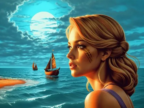 girl on the boat,mermaid background,amphitrite,atlantica,the sea maid,nereids,Illustration,Realistic Fantasy,Realistic Fantasy 25