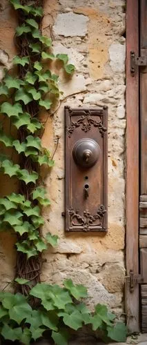 Reclaimed wooden door, distressed finish, ornate metal doorknob, rusty hinges, weathered stone wall, ivy climbing, overgrown garden, abandoned villa, Mediterranean architecture, warm afternoon sunligh