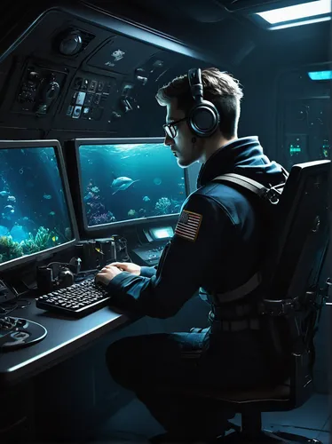 dive computer,aquanaut,pilotfish,sea scouts,marine electronics,nautilus,deep-submergence rescue vehicle,flight engineer,deep sea diving,deep sea,water police,cockpit,pilot,naval officer,marine biology,atlantis,submersible,underwater background,usn,semi-submersible,Illustration,Realistic Fantasy,Realistic Fantasy 17