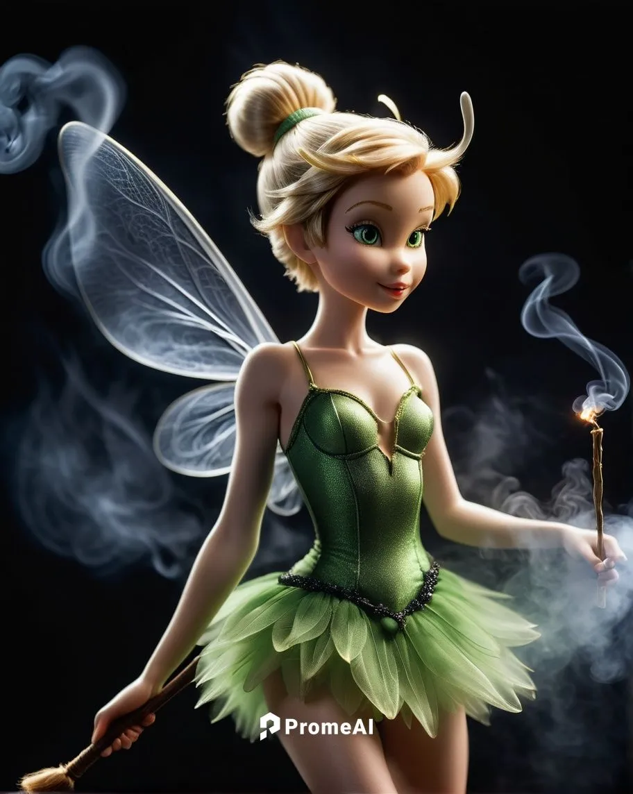 "Sharp photography of a match, with the steam rising from it and transforming into a graceful, smoke-like figure of a young whimsical tinkerbell made of smoke holding a magic wand, white, translucent.