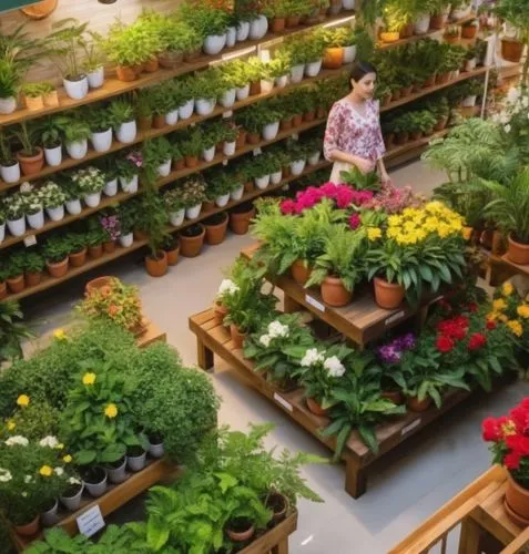 A well-lit room filled with colorful flowers and plants. The store sells handmade plants with a room area of ​​3 meters wide and 2 meters long. The plants reach more than 1.5 meters tall, each with a 