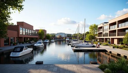 Vibrant waterfront, serene lake views, modern marina, sailboats and yachts, wooden docks, rustic nautical elements, industrial heritage buildings, converted warehouses, glass-enclosed pedestrian bridg